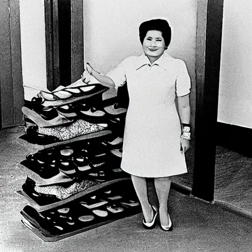 Prompt: imelda marcos with her 3000 pair of shoes