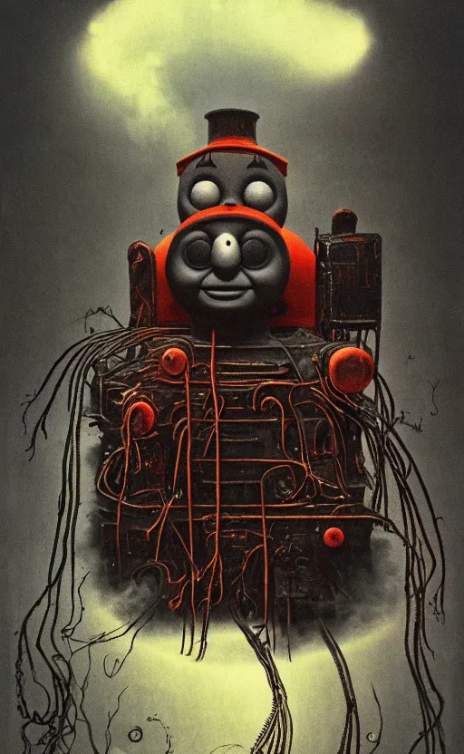 Image similar to thomas the tank engine in style of zdzisław beksinski, extremely dramatic lighting, 8 k, tendrils, black, darkness, black slime tendrils, infected, rust, body horror, thomas the train, thomas the tank engine face, horror,