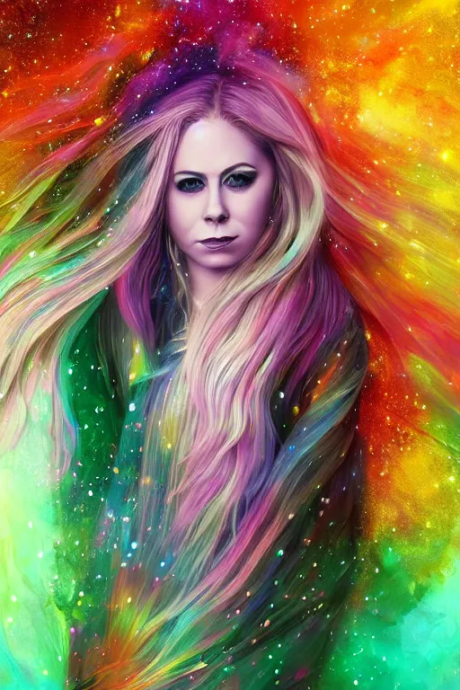 Prompt: masterwork full body portrait of avril lavigne. digital illustration. nebulae hair. wearing a dress made out of space fading into a background of stars. fluid, dreamy, ethereal, vivid colours. sharp focus. highly detailed face. wow! cinematic lighting. trending on artstation. cgsociety.
