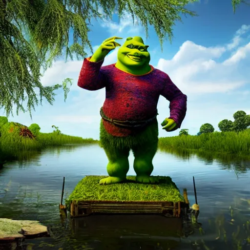 Prompt: shrek on a boat in a swamp