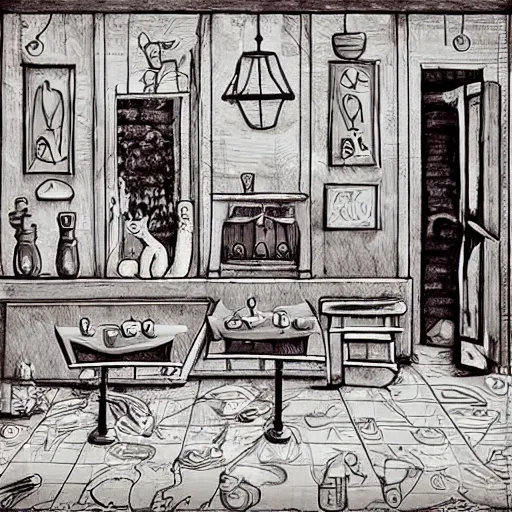 Prompt: Cat’s restaurant, in da Vinci style, trending on artstation