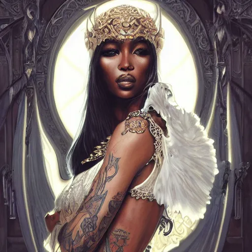 Image similar to an attractive young tattooed female with piercings wearing an white ornate metallic helmet, naomi campbell, olive skin, long dark hair, beautiful bone structure, intricate, elegant, highly detailed, digital painting, artstation, concept art, smooth, sharp focus, illustration, art by artgerm and greg rutkowski and alphonse mucha