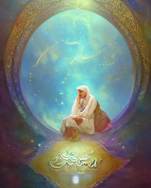 Prompt: the quran descending from the galaxy into clouds highly detailed, gold filigree, romantic storybook fantasy, soft cinematic lighting, award, disney concept art watercolor illustration by mandy jurgens and alphonse mucha and alena aenami, pastel color palette, featured on artstation