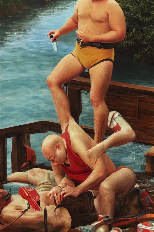 Prompt: george costanza being saved by a lifeguard oil on canvas, intricate, portrait, 8 k highly professionally detailed, hdr, cgsociety