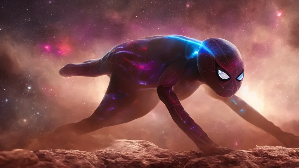 Image similar to spider human child hybrid on a planet. close bottom view. whole body. nebula background. cinematic composition. cinematic lightning. ultra realistic. 8 k. highly detailled. deep space. ultra realistic details. cinematic atmosphere. studio lighting. shadows. dark background.