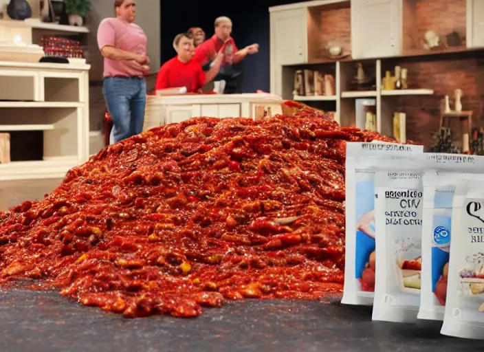 Image similar to qvc tv show product showcase pile of nasty chili spilled on the floor, chunky sloppy fat men no shirts slipping in chili on the floor, wet, studio, 3 payments of $ 2 4 limited time offer, call now, extremely detailed, portraits, 4 k, hd