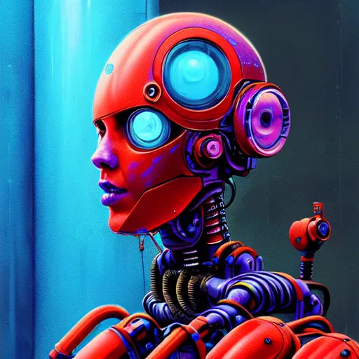 Prompt: detailed and vibrant color character concept art portrait of a detailed and hi - tech diesel punk robot ’ s face, depth of field background, artstation, award - winning realistic sci - fi concept art by greg rutkowski and yoshitaka amano, in the style of james gurney, flat pop color surrealist illustration.