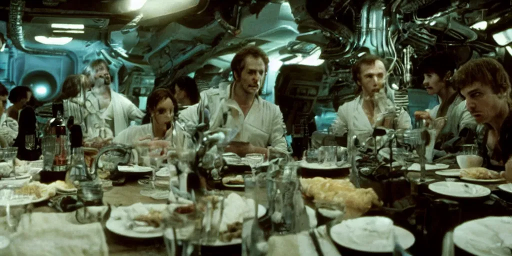 Image similar to a dinner scene within the Nostromo by Ridley Scott, Alien movie, grainy, bluish and cream tones