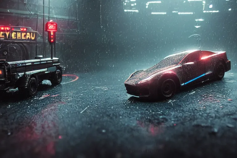 Image similar to a 2 8 mm closeup photo of a tesla cybertruck a on wet floor of a photo studio, intricate, hyper detailed, smooth, high contrast, volumetric lighting, octane, moebius, greg rutkowski, blade runner, ripley scott, synthwave, cinematic