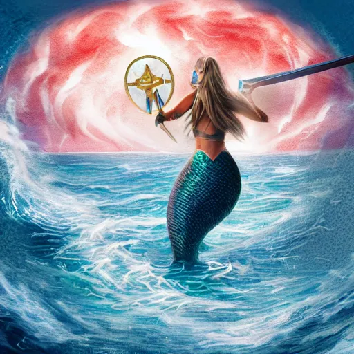 Prompt: A mythical mermaid warrior wielding her sword and shield in the middle of the ocean with a storm in the background, with a blue atmosphere