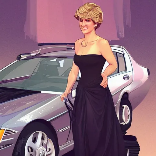 Image similar to Princess Diana standing next to a Mercedes-Benz W140, highly detailed, digital painting, artstation, concept art, smooth, sharp focus, illustration, art by artgerm and alphonse mucha, high definition digital art, in the style of Ross tran and ilya kuvshinov