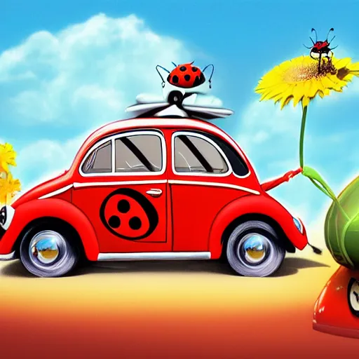 Image similar to a hybrid giant lady bug and'herbie the love bug'car, digital art, imax, 7 0 mm, movie still