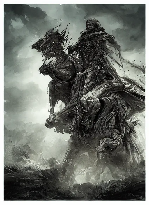 Image similar to portrait, The Four Horseman of the Apocolypse, watercolor, dramatic lighting, cinematic, establishing shot, extremely high detail, foto realistic, cinematic lighting, pen and ink, intricate line drawings, by Yoshitaka Amano, Ruan Jia, Kentaro Miura, Artgerm, post processed, concept art, artstation, matte painting, style by eddie mendoza, raphael lacoste, alex ross