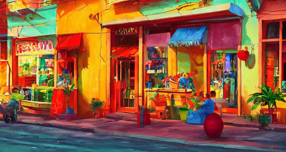Prompt: beautiful painting of a colorful cuban storefront, front view, animation, digital art, trending in artstation, cinematic lighting, art style by disney and pixar
