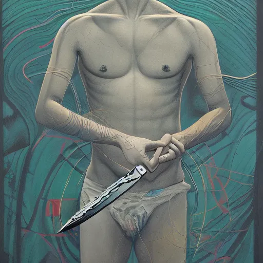 Prompt: a painting of a man holding a knife, an ultrafine detailed painting by james jean, behance contest winner, vanitas, tarot card, dystopian art, angular, altermodern