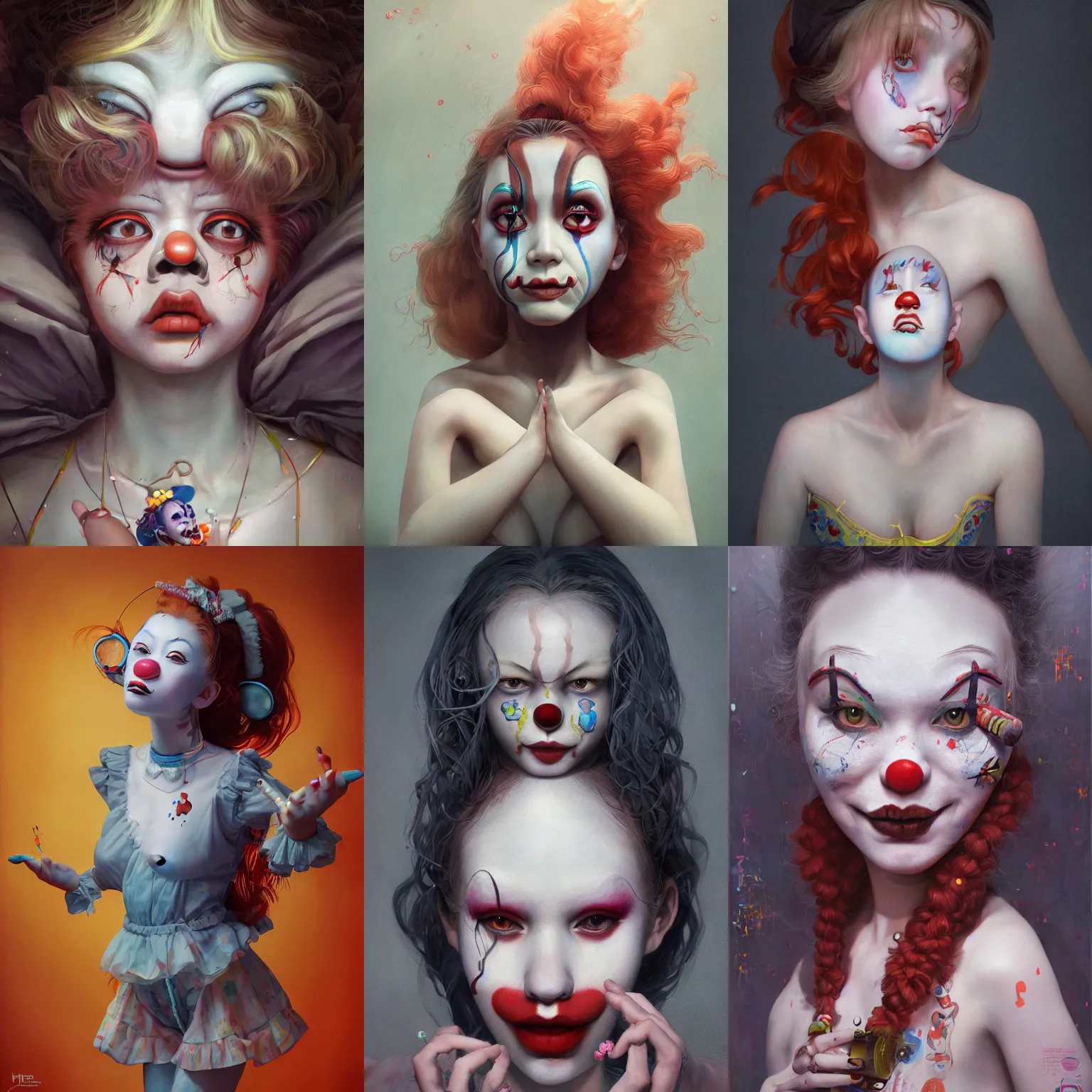 Image similar to breathtaking detailed painting of clown girl , with anxious, piercing eyes, Atari game cover art by Hsiao-Ron Cheng, James jean, Miho Hirano, Hayao Miyazaki, extremely moody lighting, hyperrealistic, octane render, RPG portrait, ambient light, dynamic lighting