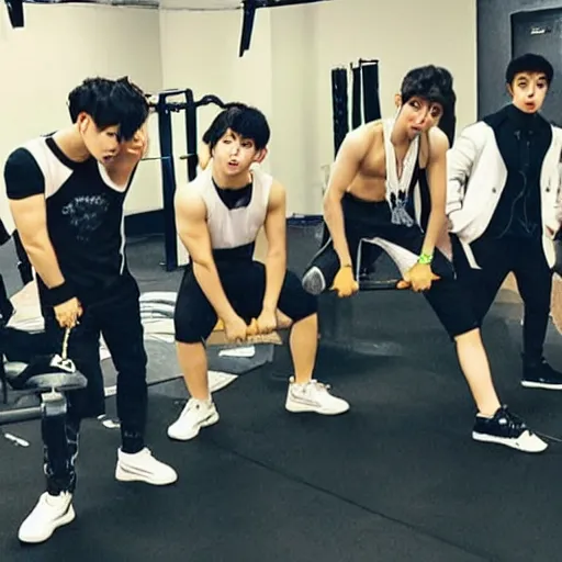 Prompt: the k-pop band EXO lifting weights in the gym, photo-realistic, highly detailed