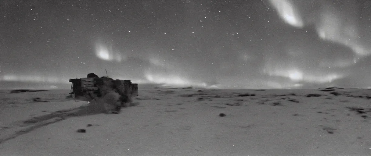 Prompt: a high quality color creepy atmospheric dimly lit extreme closeup film 3 5 mm depth of field photograph of a us soldier frantically running away from a huge explosion in mcmurdoch station in antarctica in 1 9 8 2 with the aurora borealis in the sky at night