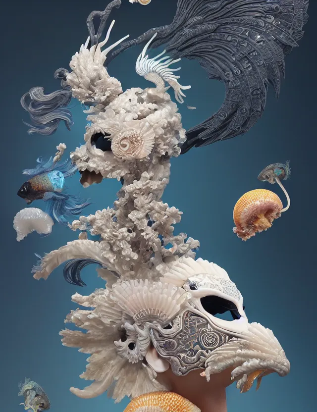 Image similar to 3 d goddess bottom - up with ram skull. beautiful intricately detailed japanese crow kitsune mask and clasical japanese kimono. betta fish, jellyfish phoenix, bio luminescent, plasma, ice, water, wind, creature, artwork by tooth wu and wlop and beeple and greg rutkowski