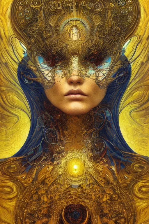 Image similar to Divine Chaos Engine by Karol Bak, Jean Deville, Gustav Klimt, and Vincent Van Gogh, sacred geometry, visionary, mystic, fractal structures, ornate gilded medieval icon, third eye, spirals