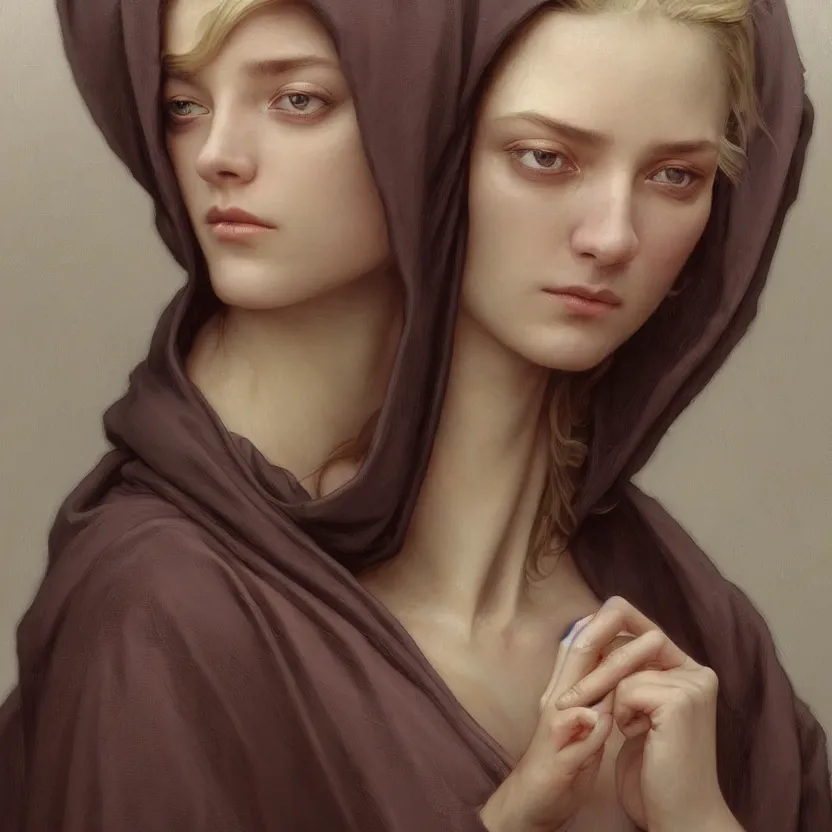 Image similar to Portrait of a young woman wearing a hooded robe, non-centered shot, unique pose, intricate, elegant, highly detailed, digital painting, artstation, concept art, smooth, sharp focus, illustration, art by artgerm and greg rutkowski and alphonse mucha, by beksinski