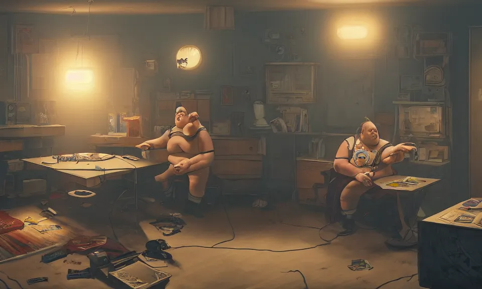 Image similar to artstation scifi scene of a shabby american room in 1 9 6 0 s, a fat boy plays dungeons and dragons with a girl, unreal engine 5, hyper realism, realistic shading, cinematic composition, blender render, octane render, hdr, detailed textures, photorealistic, wide shot
