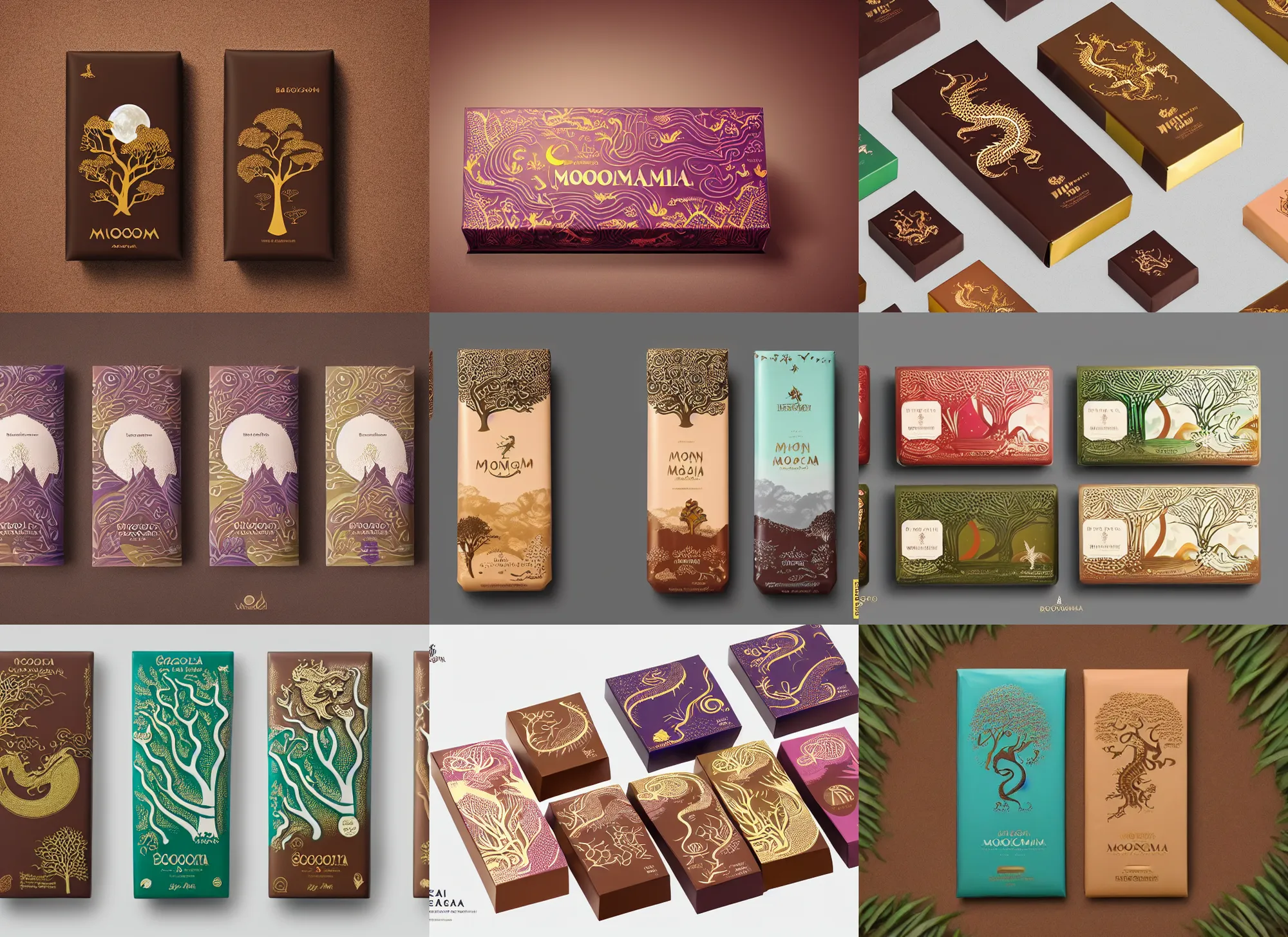 Prompt: conceptual designer chocolate bar packaging, inspired by moonlit socotra island with dragon trees, midsommar color theme, kerala motifs, behance, pinterest, packaging of the world, award, front label, packaging design, octane render