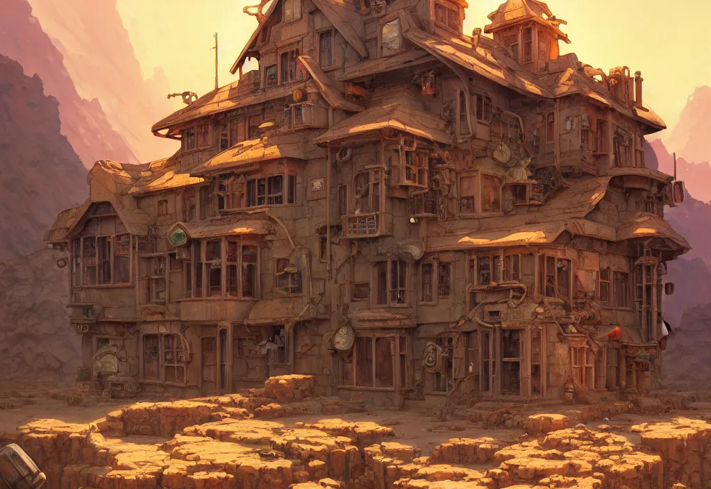 Image similar to an old steampunk house in a desert with piles of rocks in the background, intricate oil painting, high detail illustration, sharp high detail, manga and anime 1 9 9 9, official fanart behance hd artstation by jesper ejsing and makoto shinkai, 4 k,