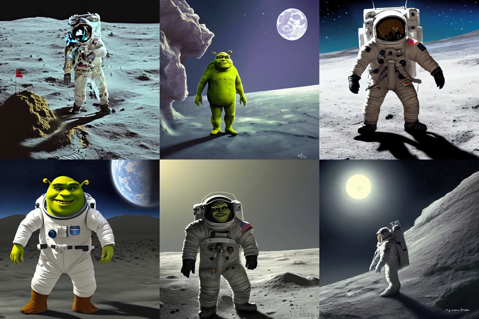 Prompt: Boris Jonson in a spacesuit on the moon, Shrek is in the background, detailed picture, by Grek Rutkowski