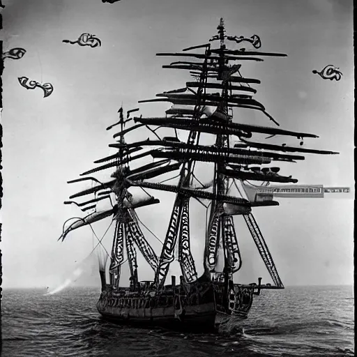 Prompt: an impossibly huge pirate ship, being attacked by a kraken, giant tentacles. 1930s photograph