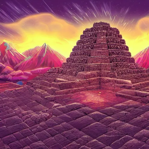 Prompt: ancient peruvian structure, retrowave epic art, trending on art station