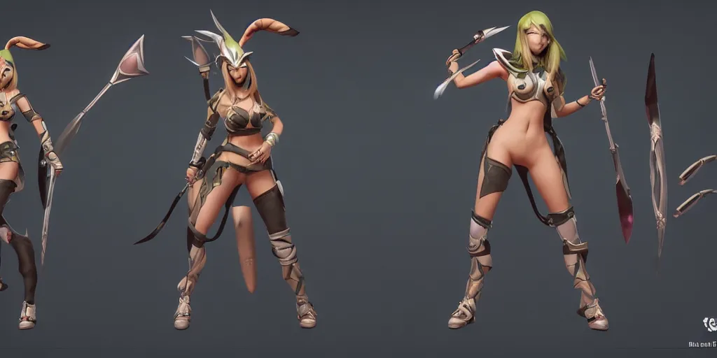 Image similar to character sheet of battle bunny akali (League of Legends). 3d render, octane render, iRay, ray tracing, realistic, highly detailed, trending on artstation, 4k, cgsociety, unreal engine 5, redshift render, blender cycles, behance, cg