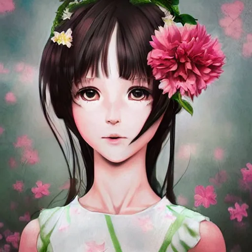 Image similar to little girl with flowers in hair wearing an white dress. art by ilya kuvshinov, profile picture, inspired in hirohiko araki, realistic, highly detailed, 8 0 s anime art style