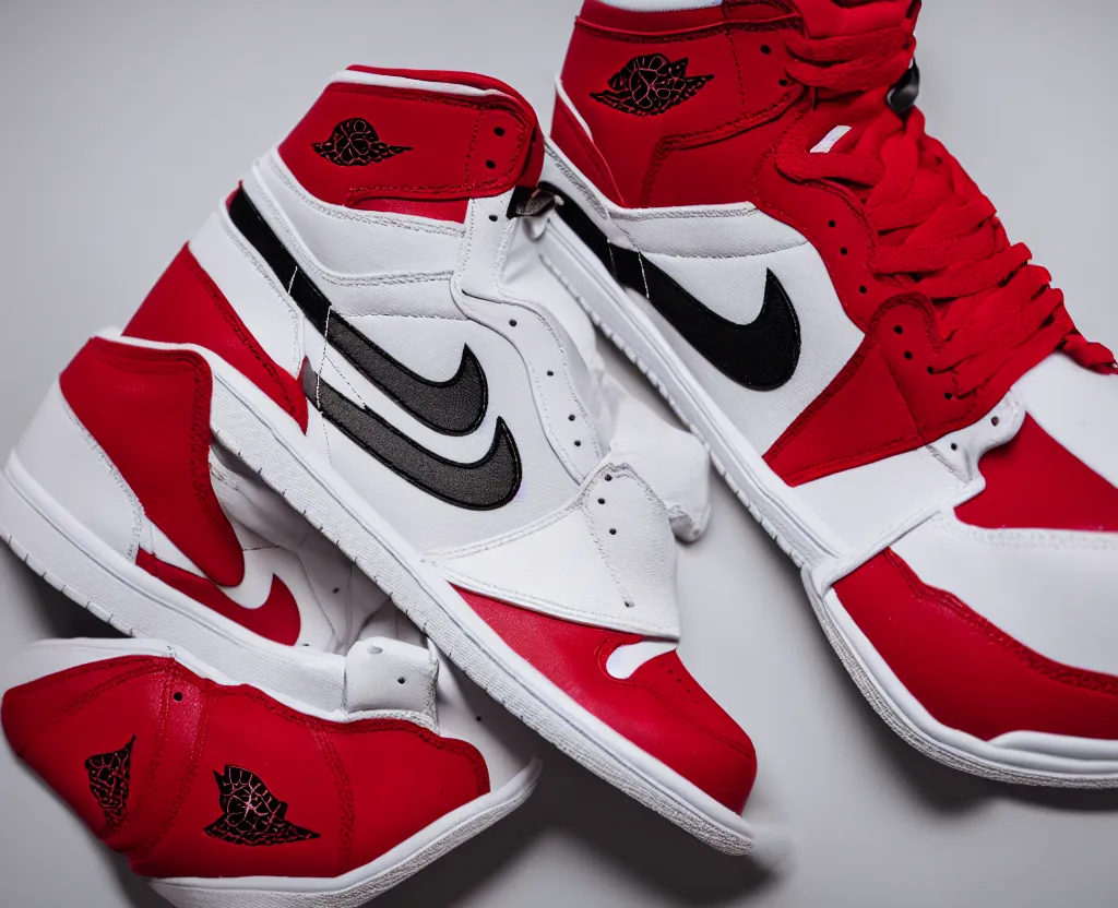 Prompt: a press photograph of nike air jordan 1 high red and white, size 1 0, white background