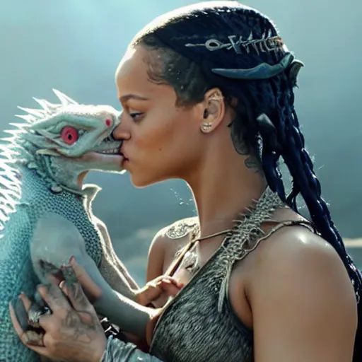 Prompt: rihanna as daenerys targaryen in game of thrones movie kissing a baby dragon, cinematic, photorealistic 8 k