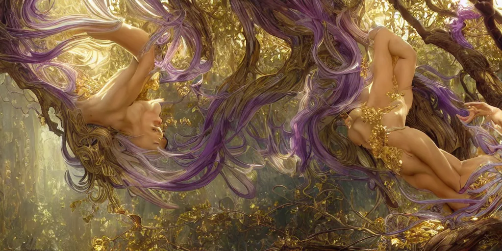 Image similar to wide angle, opalescent purple panther, metallic silver and ice color reflected crystal hair, leaping from babaob tree, fantasy, intricate, very beautiful, elegant, golden light, highly detailed, digital painting, artstation, concept art, smooth, sharp focus, unreal engine, art by wlop and tian zi and alphonse mucha