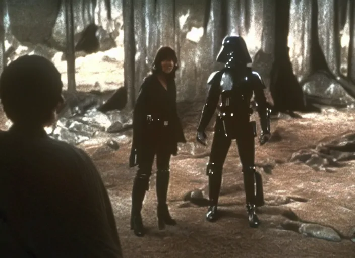 Prompt: screenshot from the lost star wars film, Luke Skywalker facing off against a female sith lord, iconic scene from the lost Star Wars film, Remnants Of the Empire, 1990 directed by Stanely Kubrick, lens flare, moody cinematography, with anamorphic lenses, crisp, detailed, 4k