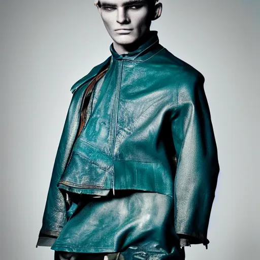 Image similar to an award - winning editorial photo of a male model wearing a teal distressed baggy medieval cropped leather menswear jacket by alexander mcqueen, 4 k, studio lighting, wide angle lens