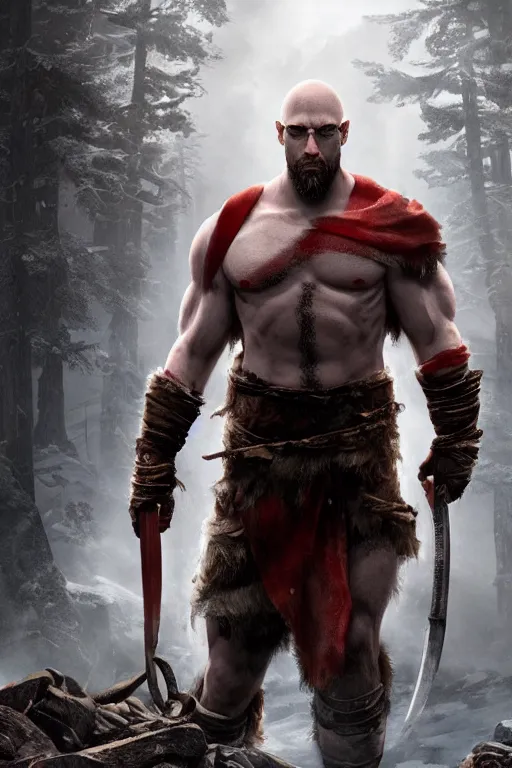 Image similar to Sam Hyde in God of War 4, sigma male, rule of thirds, movie poster with no text, award winning photo, unreal engine