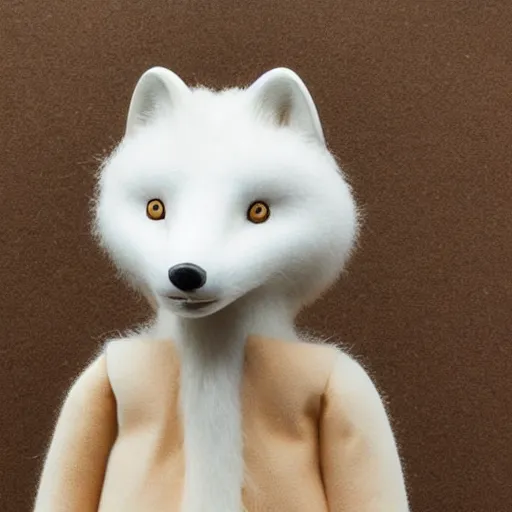 Image similar to medium - shot of a wooden handmade application simple doll of a white fox, highly detailed, sharp focus, promo photo, by shaun tan,