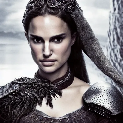 Prompt: head and shoulders portrait of a female knight, young natalie portman, game of thrones, eldritch, silken hair, armored, ornamental etching, elaborate detail, vogue fashion photo