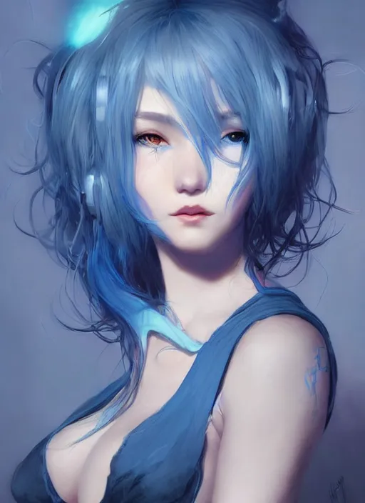 Image similar to stunningly beautiful female blue hair, dj sura face, fantasy art, dark light night, sharp focus, digital painting, 8 k, concept art, art by wlop, artgerm, greg rutkowski and alphonse mucha