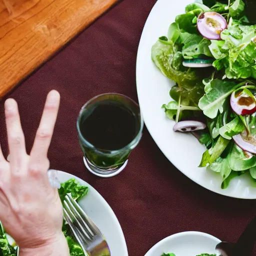 Prompt: a chair eating a salad at a table