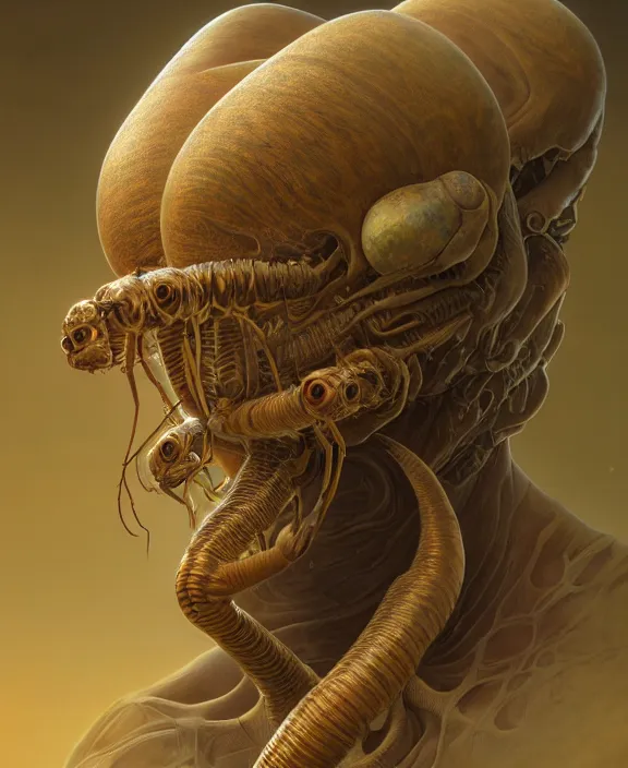 Image similar to intricate earth - toned portrait of a disturbing terrifying alien insect creature, mottling coloring, adorable, childlike, medical equipment hospital environment, ultra realistic, concept art, art nouveau, photorealistic, octane render, 8 k, unreal engine. art by christopher marley and artgerm and greg rutkowski and alphonse mucha