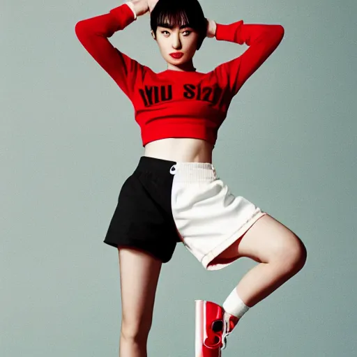 Prompt: suzu Hirose wearing crop red gym top with white lettering, cropped red yoga short, V magazine editorial by Mario Testino, masterwork