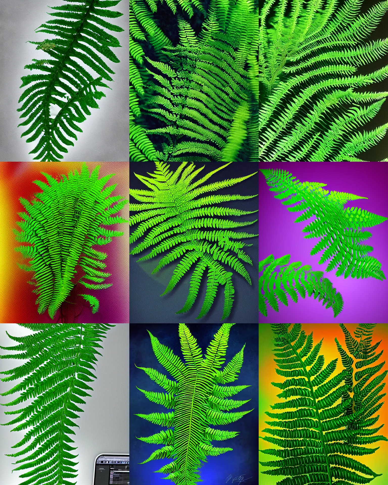 Prompt: A fern is peacefully growing on the processor of a super computer, obtaining wonderful colors from the machine, digital art