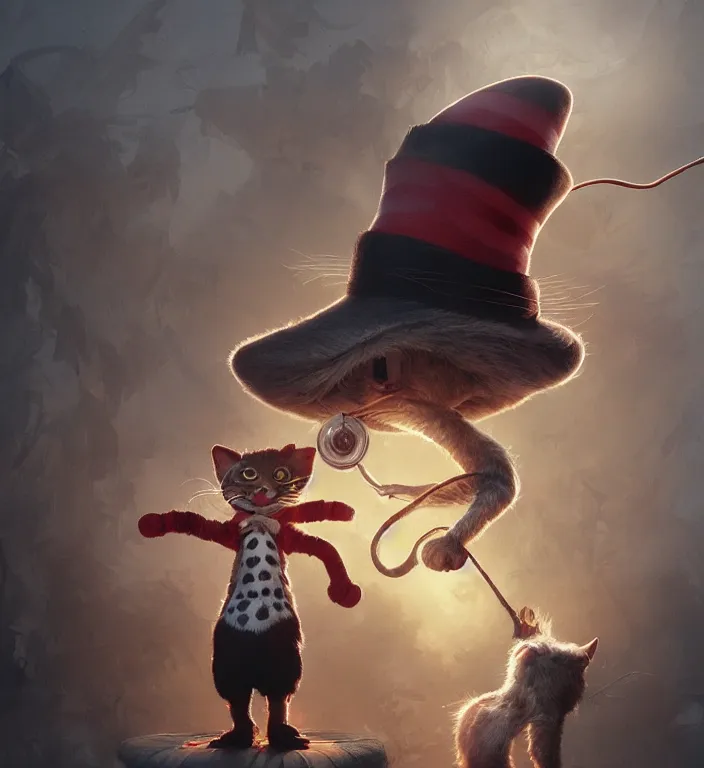 Prompt: complex 3 d render, hyper detailed, ultra sharp, of the cat in the hat, scary, funny, cinematic, natural soft light, rim light, art by greg rutkowski and artgerm and craig mullins, dr seuss