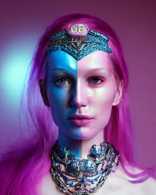 Image similar to natural light, soft focus portrait of a android with soft synthetic pink skin, blue bioluminescent plastics, smooth shiny metal, elaborate diamond ornate head piece, piercings, face tattoo, skin textures, by annie liebovotz, paul lehr,