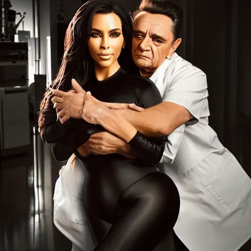 Image similar to johnny cash hugging kim kardashian, kim wearing a skintight nurse outfit, real photo, photoshooting, studio light, hospital background, intricate, epic lighting, cinematic composition, hyper realistic, 8k resolution, unreal engine 5