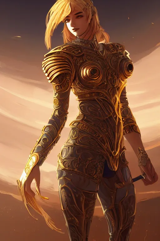 Image similar to portrait knights of zodiac girl, golden and copper shining armor, in ruined agora of athens sunrise, ssci - fi and fantasy, intricate and very very beautiful and elegant, highly detailed, digital painting, artstation, concept art, smooth and sharp focus, illustration, art by tian zi and wlop and z - - ed and ilya kuvshinov